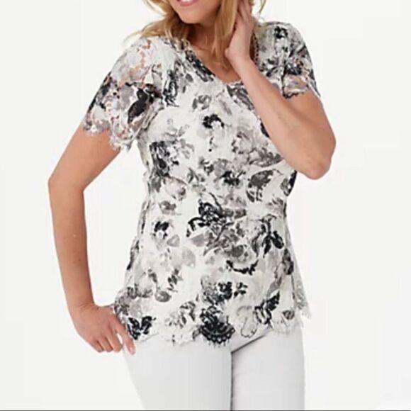 Isaac Mizrahi Live! Scoop Neck Floral Printed Lace Knit Top - Picture 1 of 5